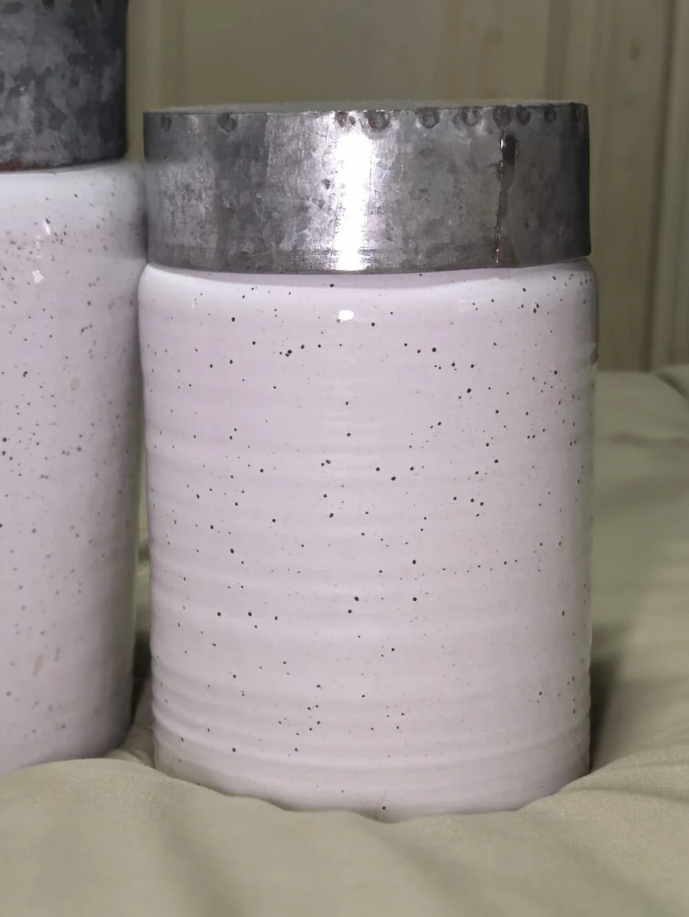 Set of 3 White Speckled Ceramic Canisters w/ Galvanized Metal Lids Farmhouse Kit